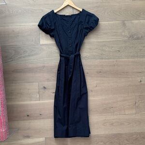 Ulla Johnson Navy Puff-Sleeve Button-Front Midi Dress with Waist Tie
